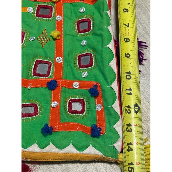 Boho Mirror Embellished Shoulder Bag Green‎ Tassels Handcrafted Bohemian - Picture 6 of 7